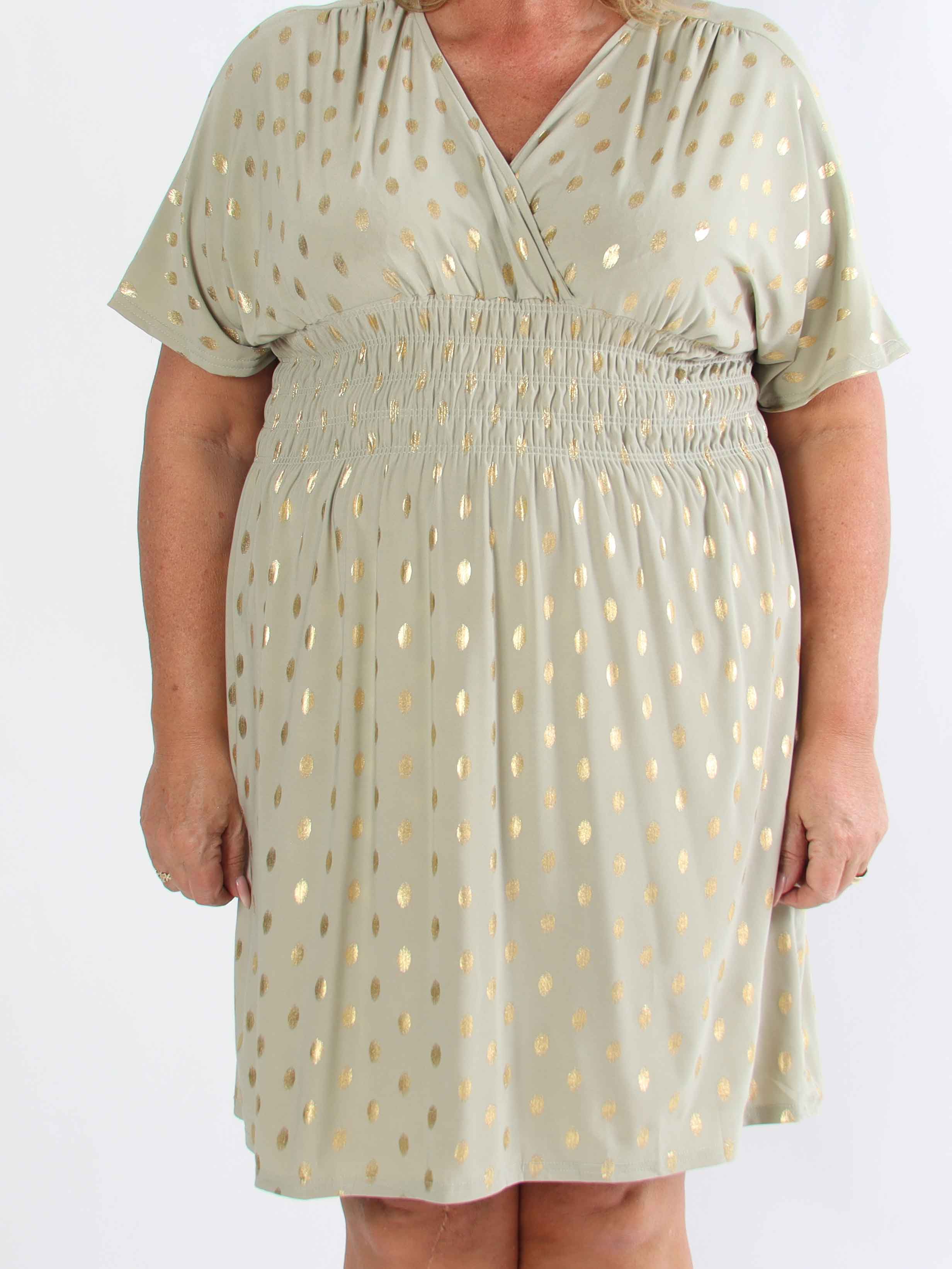 Pams Dot Short - Plus size elastisk kjole med guld prikker